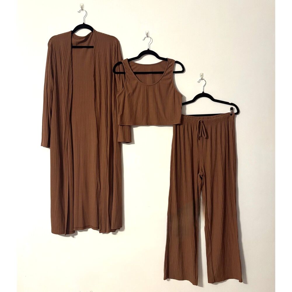 Women’s Large 3 Piece Ribbed Lounge Set Pants Crop Tank Long Duster Mauve